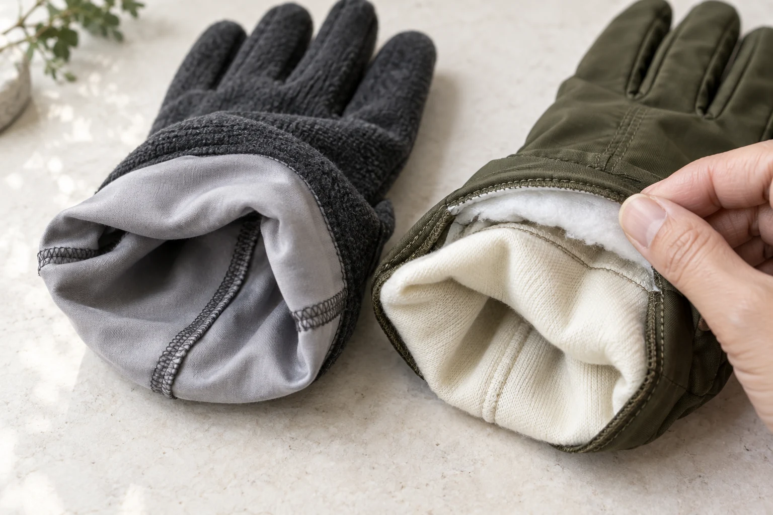 Turned-out glove linings and assembled cuffs showing the connection between inside finish and fit
