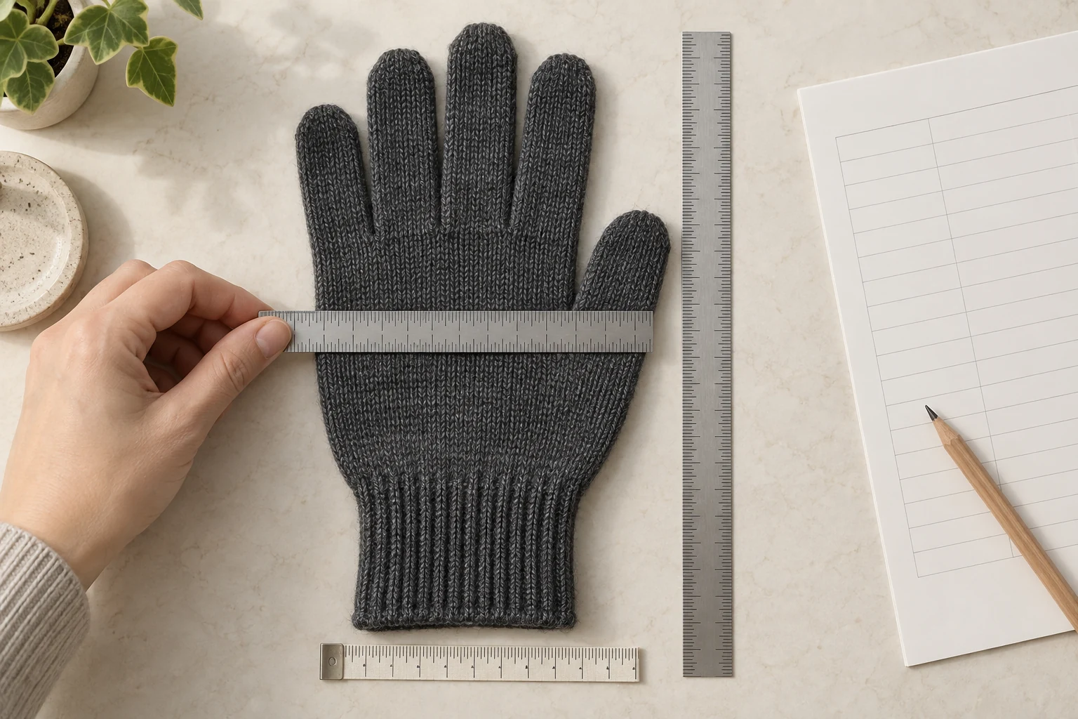 Knit glove sample lying flat with measurement tools to review its dimensions