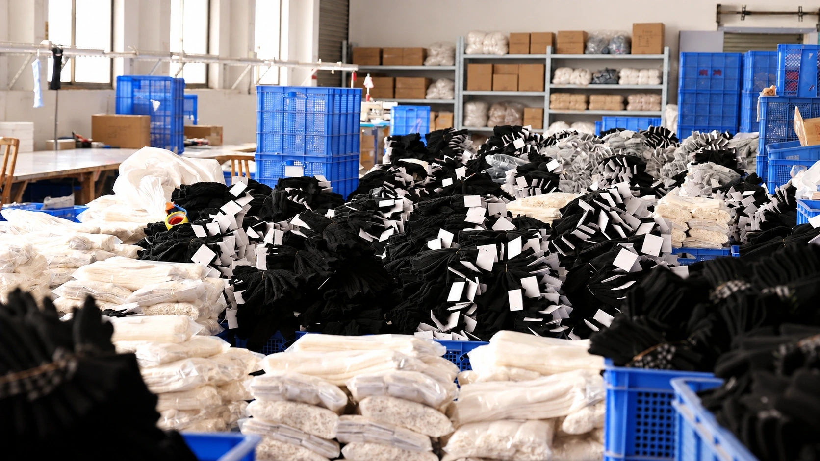 Gloves with unbranded tags arranged in blue sorting bins