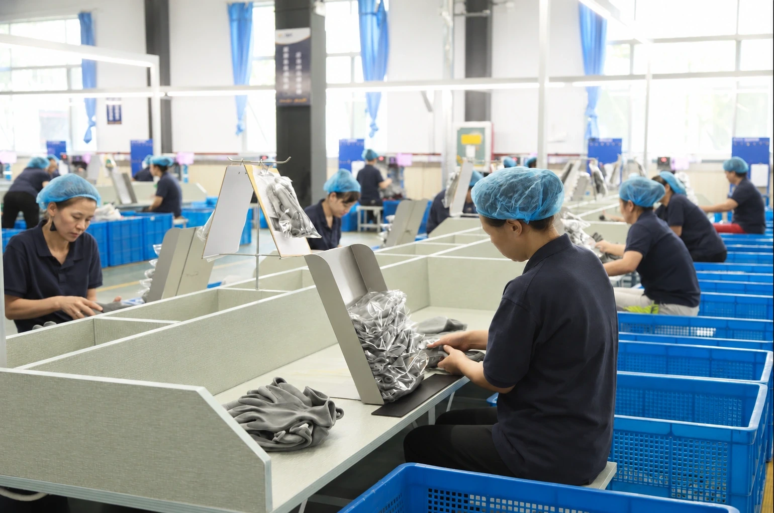 Workers sorting and bagging gloves at factory worktables