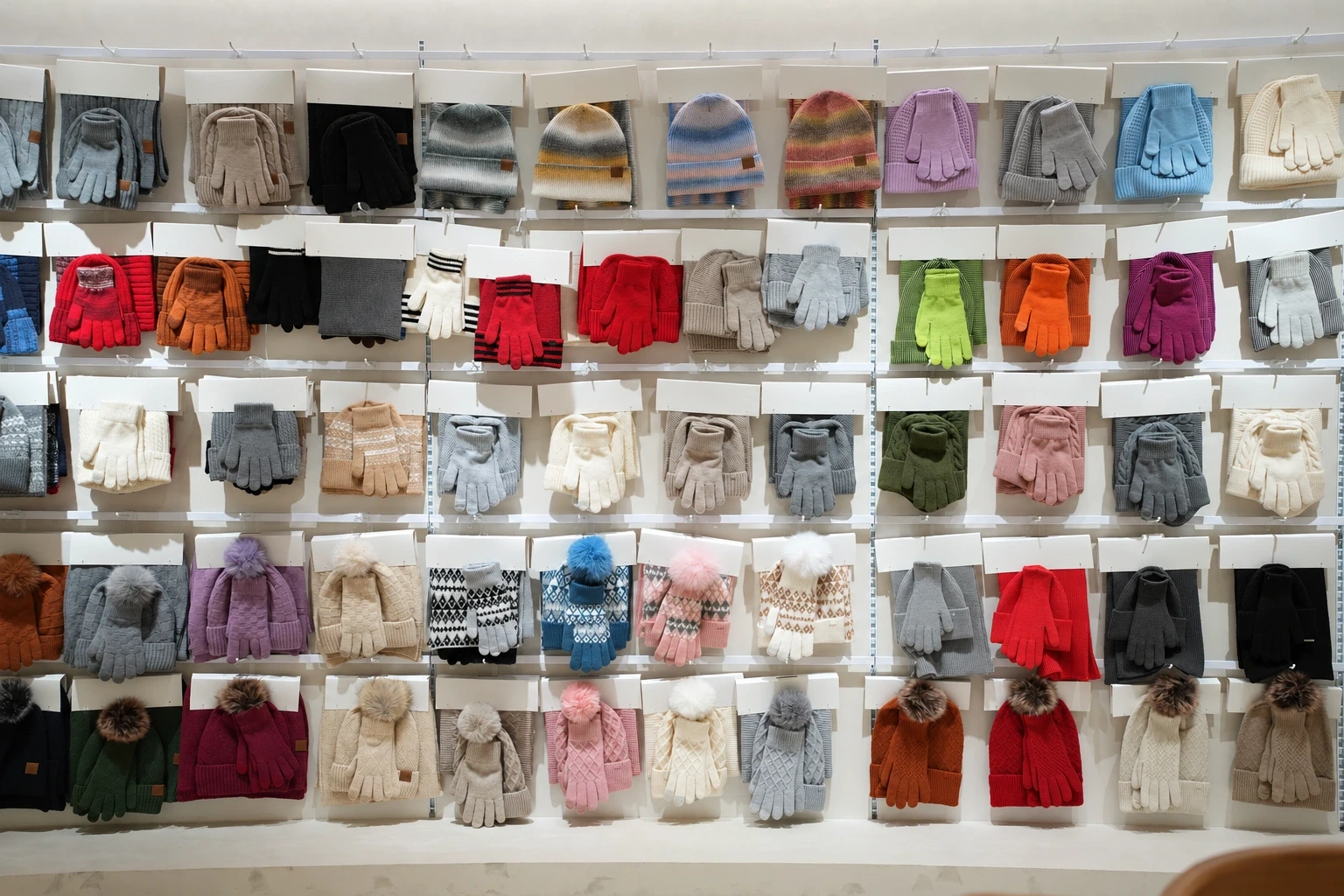 Knitted glove references and coordinated accessories on a sample wall