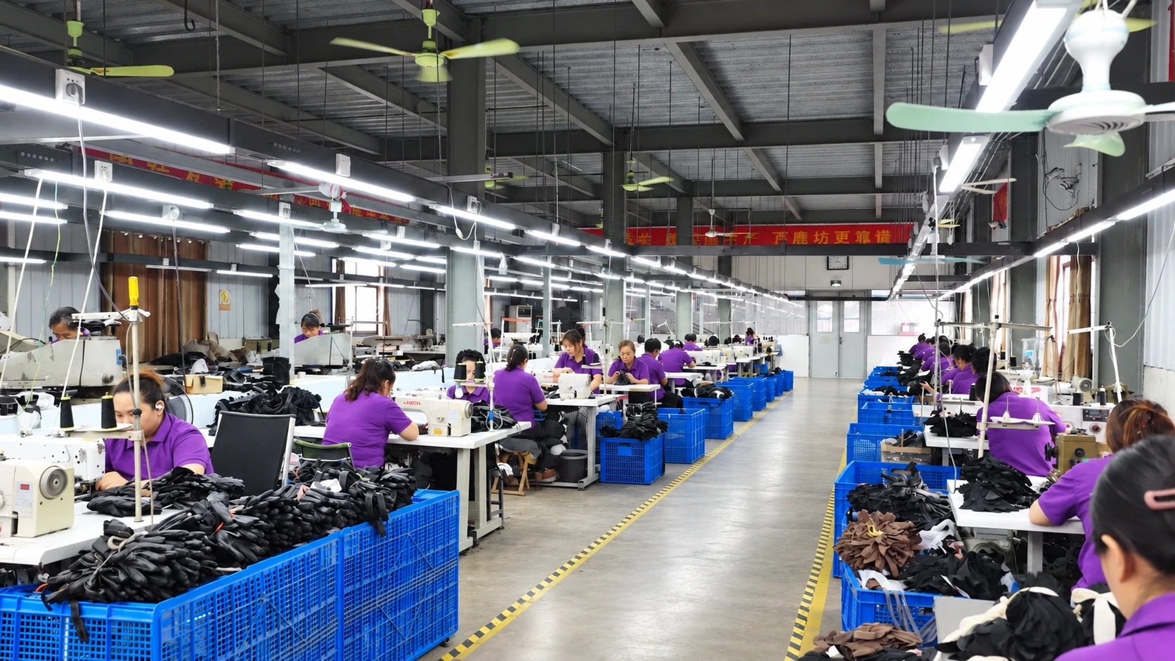 Glove sewing workstations with operators and prepared components