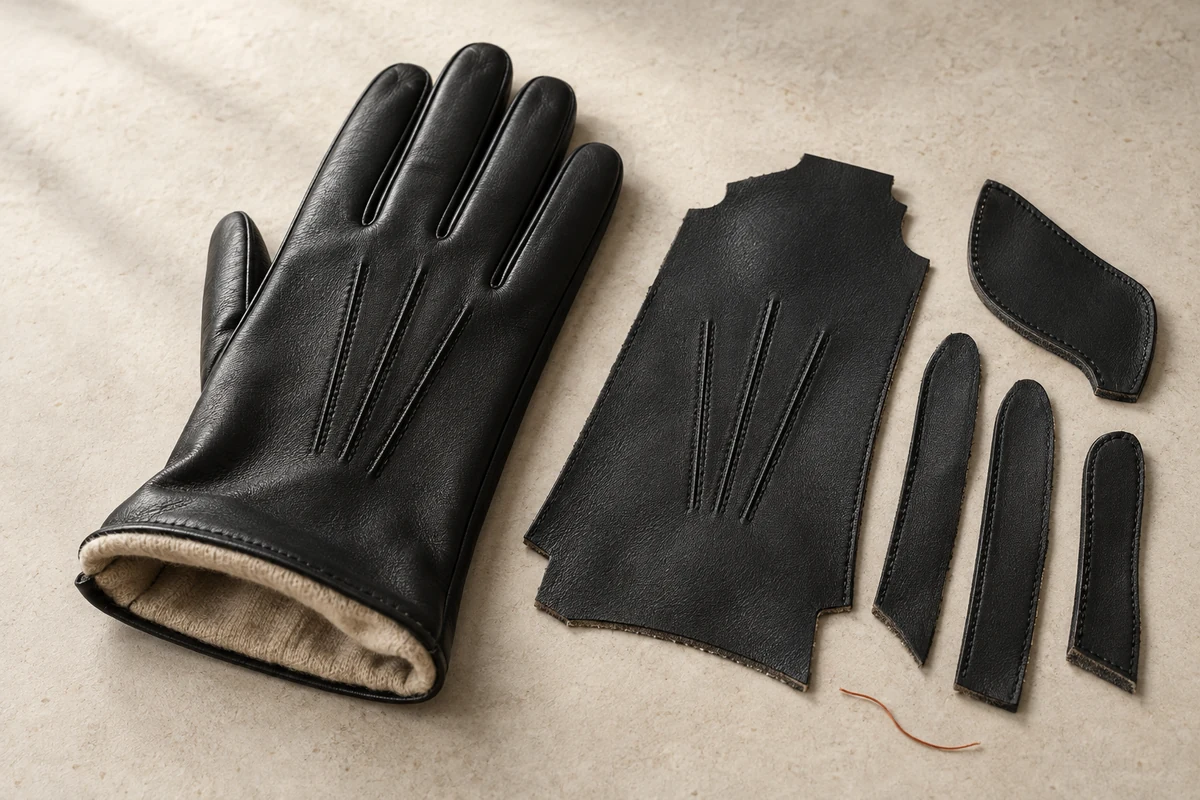 Glove panels and lining components arranged beside a development sample