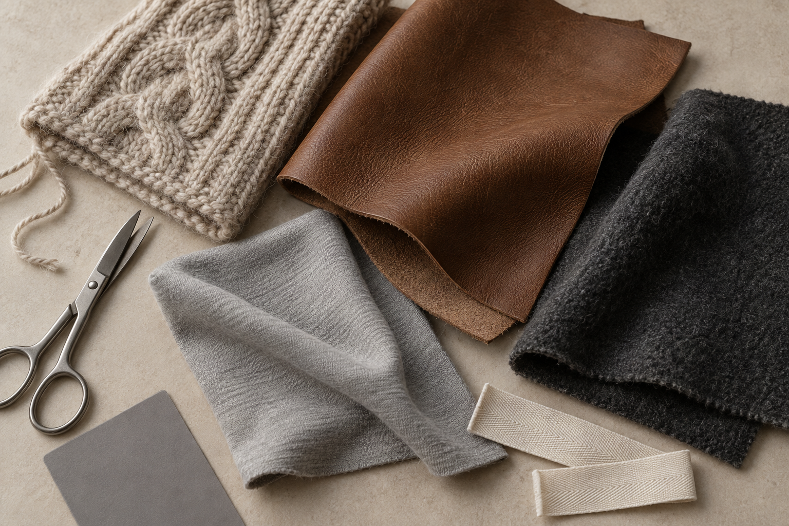 A selection of leather, knit and textile material samples
