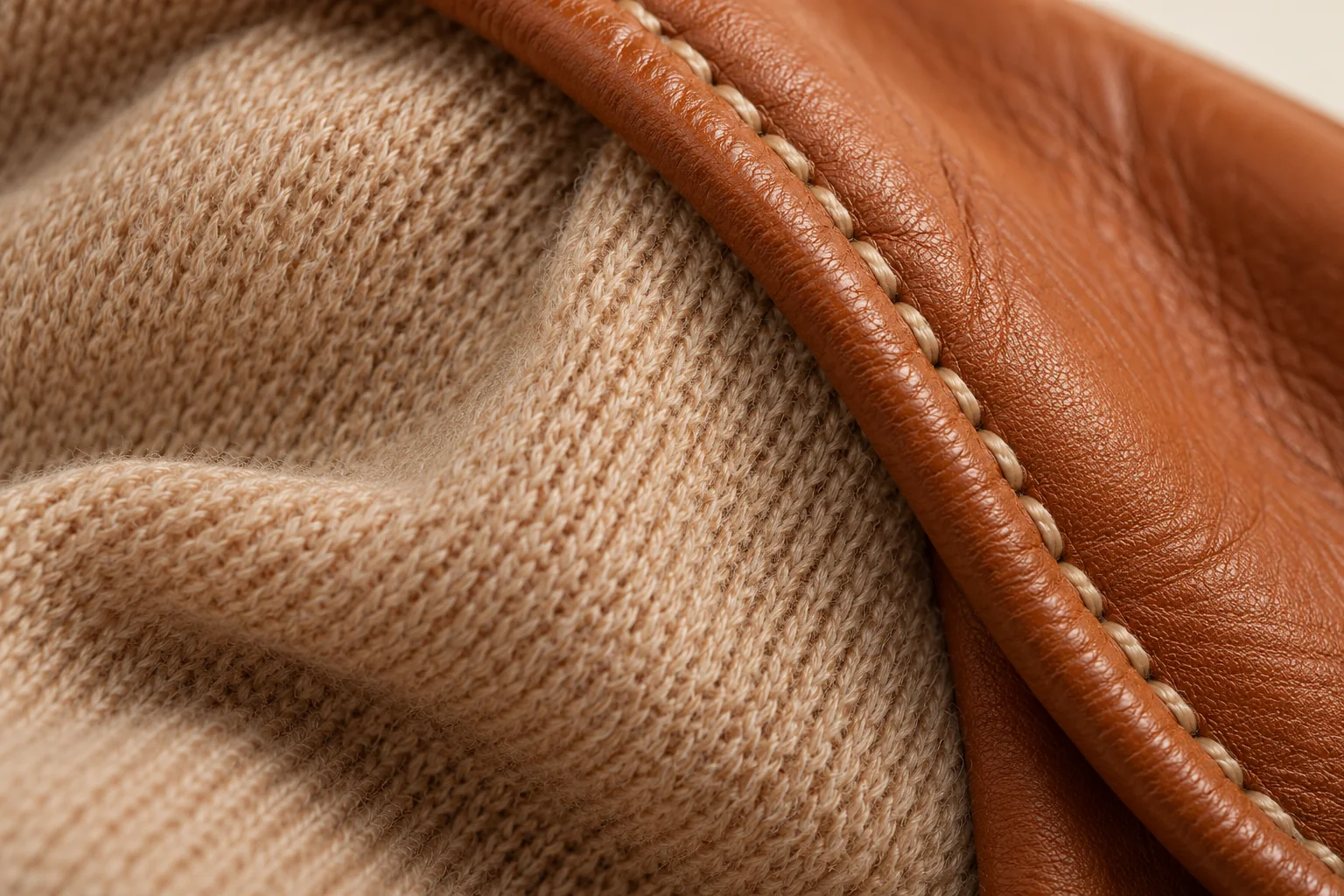 Cognac leather glove: macro of tan fine-knit lining attached to a cognac cuff rim with small cream topstitches.