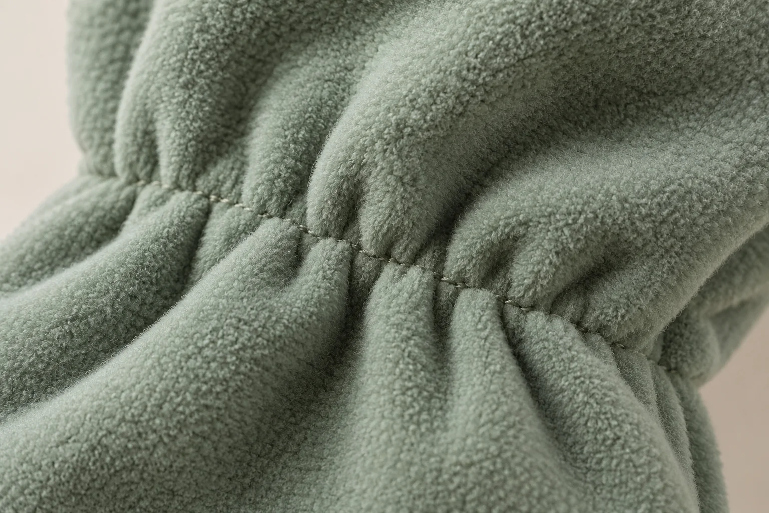 Sage fleece glove: extreme close-up at elasticated wrist casing.