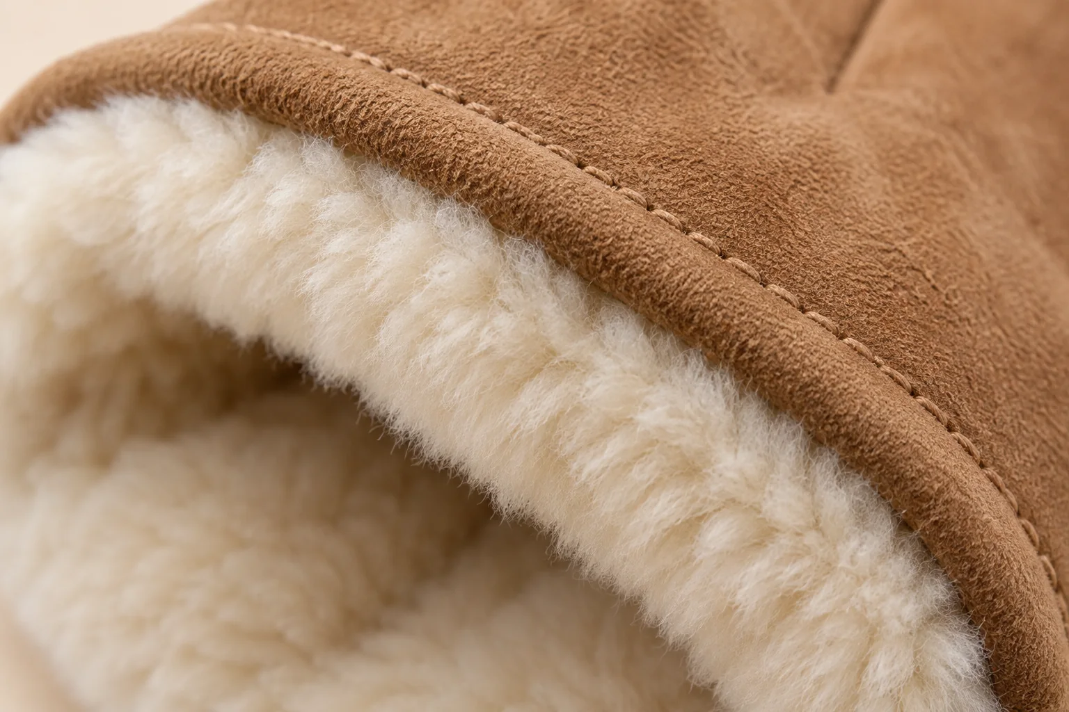 Tan suede winter glove: macro cream pile lining attached inside tan suede cuff.