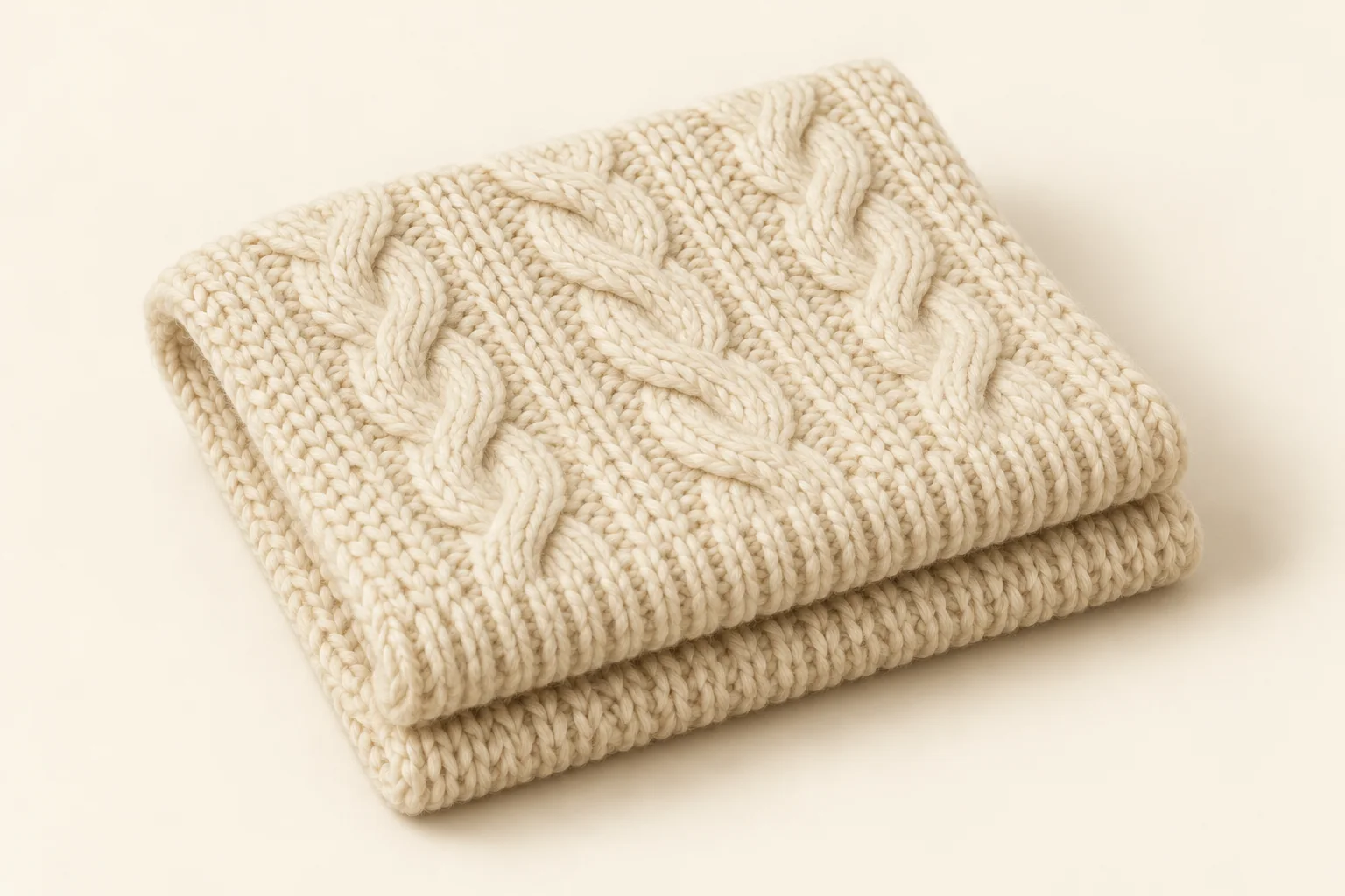 Cream knitted swatch with raised interlacing cables and rib edge