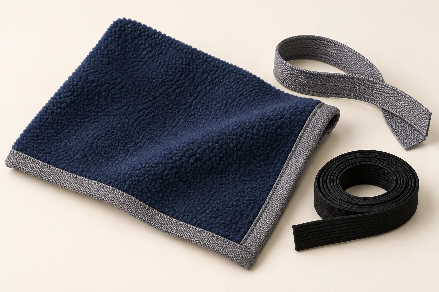 Navy fleece edge bound with gray tape beside matching binding and black elastic