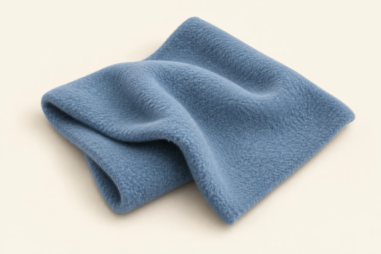 Blue fleece swatch showing its soft surface and folded edge