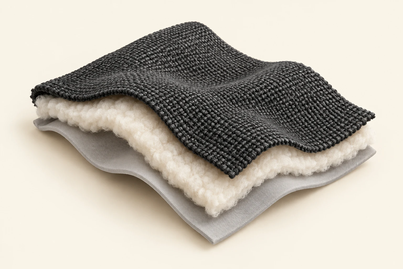 Outer textile, pale loft layer and inner material arranged together