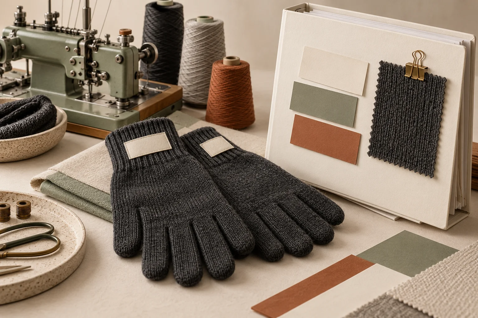 Editorial still life connecting a miniature sewing machine, yarn, knit gloves and an unmarked supplier folder