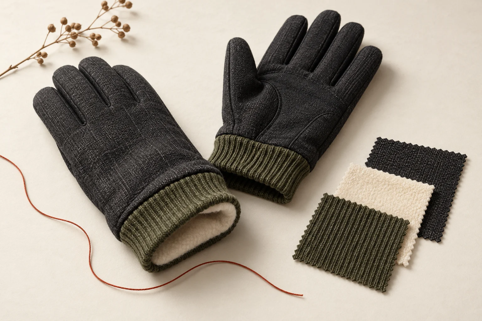 Winter glove pair with rib cuffs, lining and shell swatches arranged to compare the complete construction