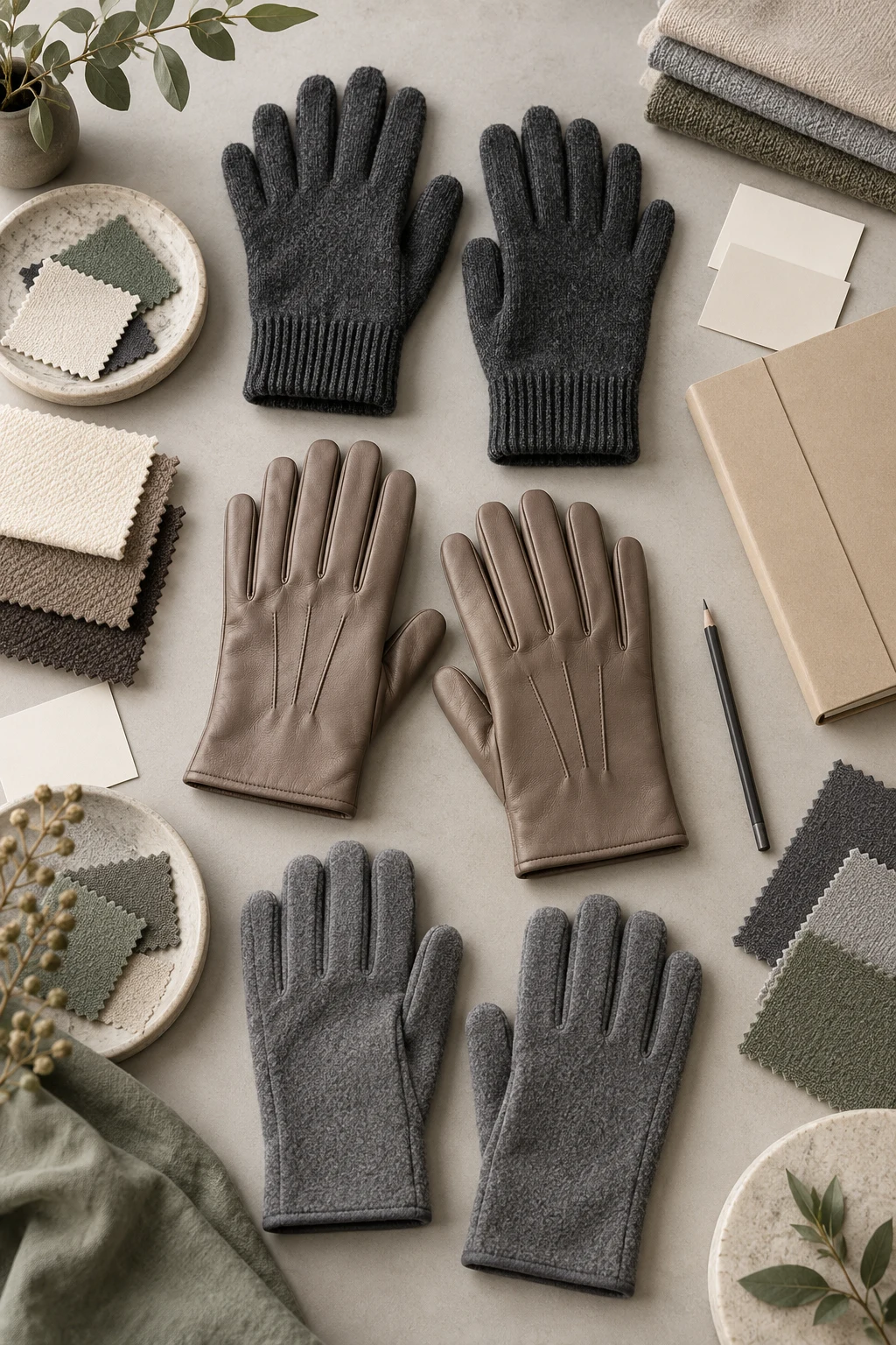 Sample-planning table with knitted, leather and fleece glove pairs, material swatches and a blank project folder
