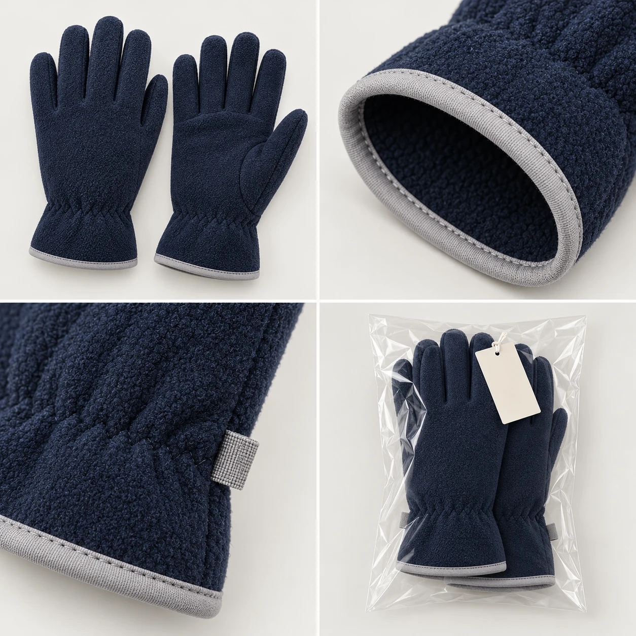 Bound Edge Fleece development views: navy fleece & gray binding, bound edge inside & out, wrist side tab, bound opening in pack