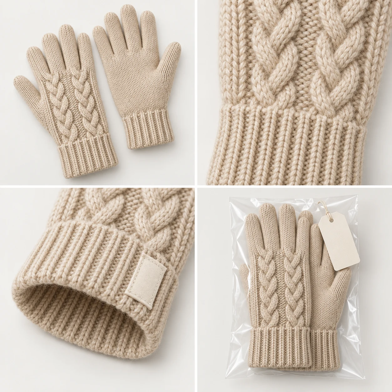 Cable Knit development views: cable back & plain palm, cable-to-rib junction, label on the rib, pattern facing outward