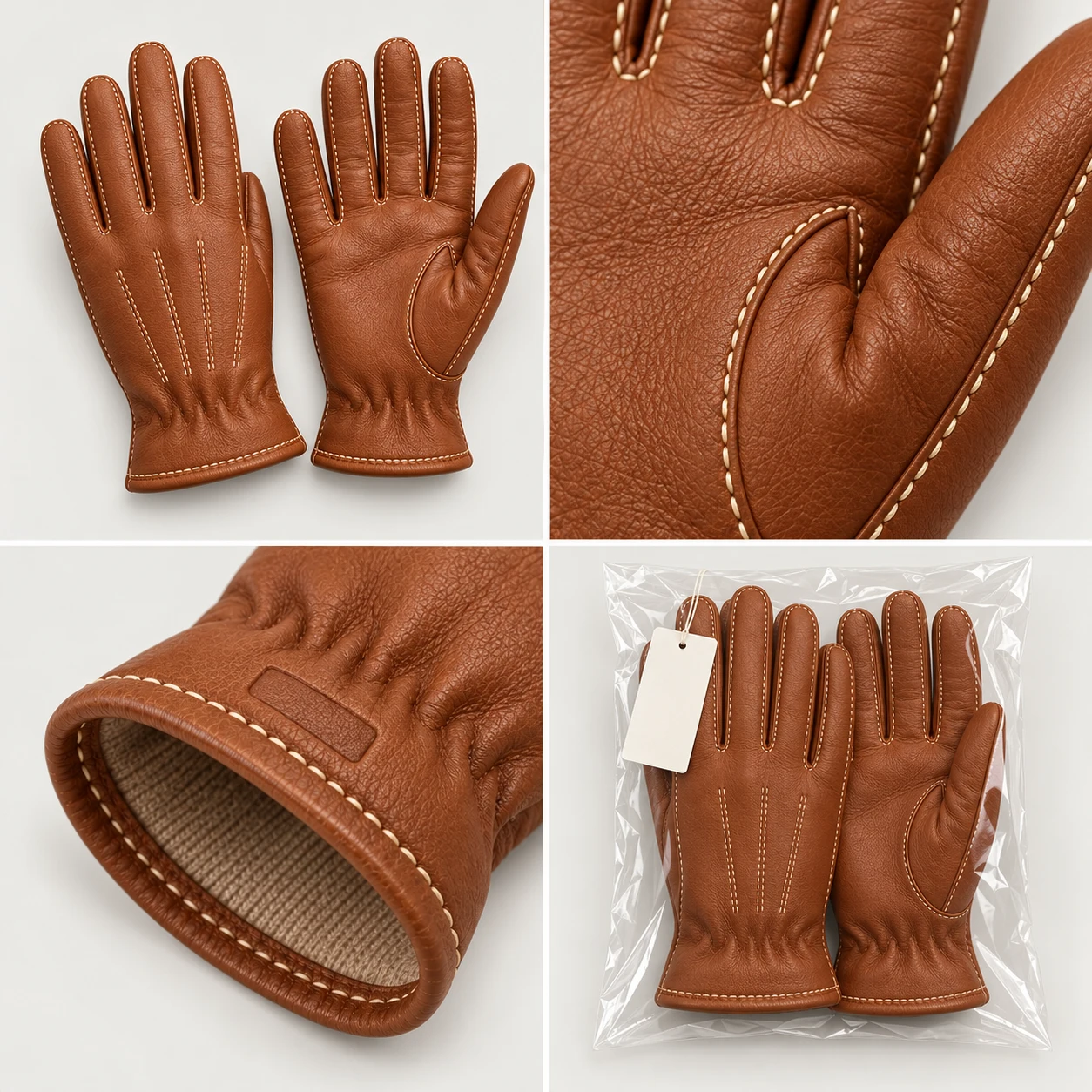 Contrast Seam Leather development views: contrast-stitched pair, finger-edge stitching, cuff brand position, protective pair packing