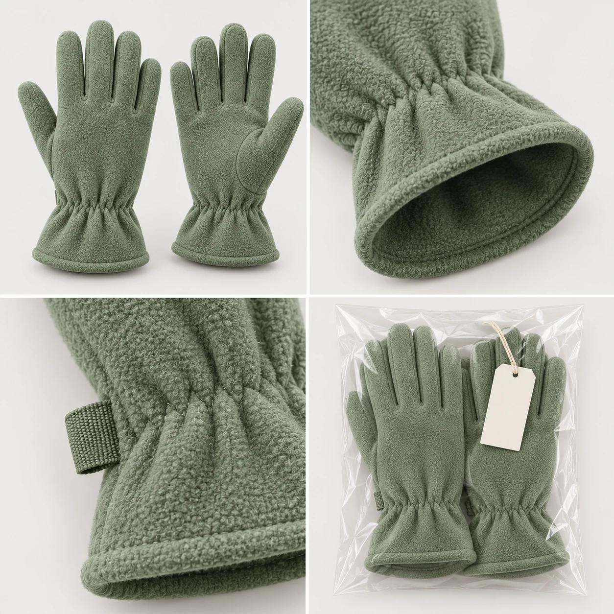 Gathered Wrist Fleece development views: gathered wrist pair, gathering & cuff opening, wrist side tab, cuff kept uncompressed
