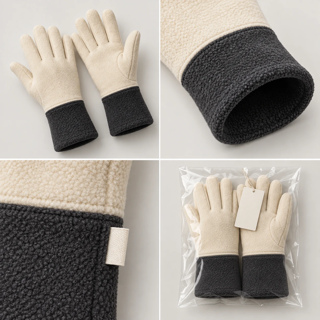 Extended Cuff Fleece development views: cream hand & dark cuff, fleece cuff & color join, extended-cuff side label, full cuff packed flat