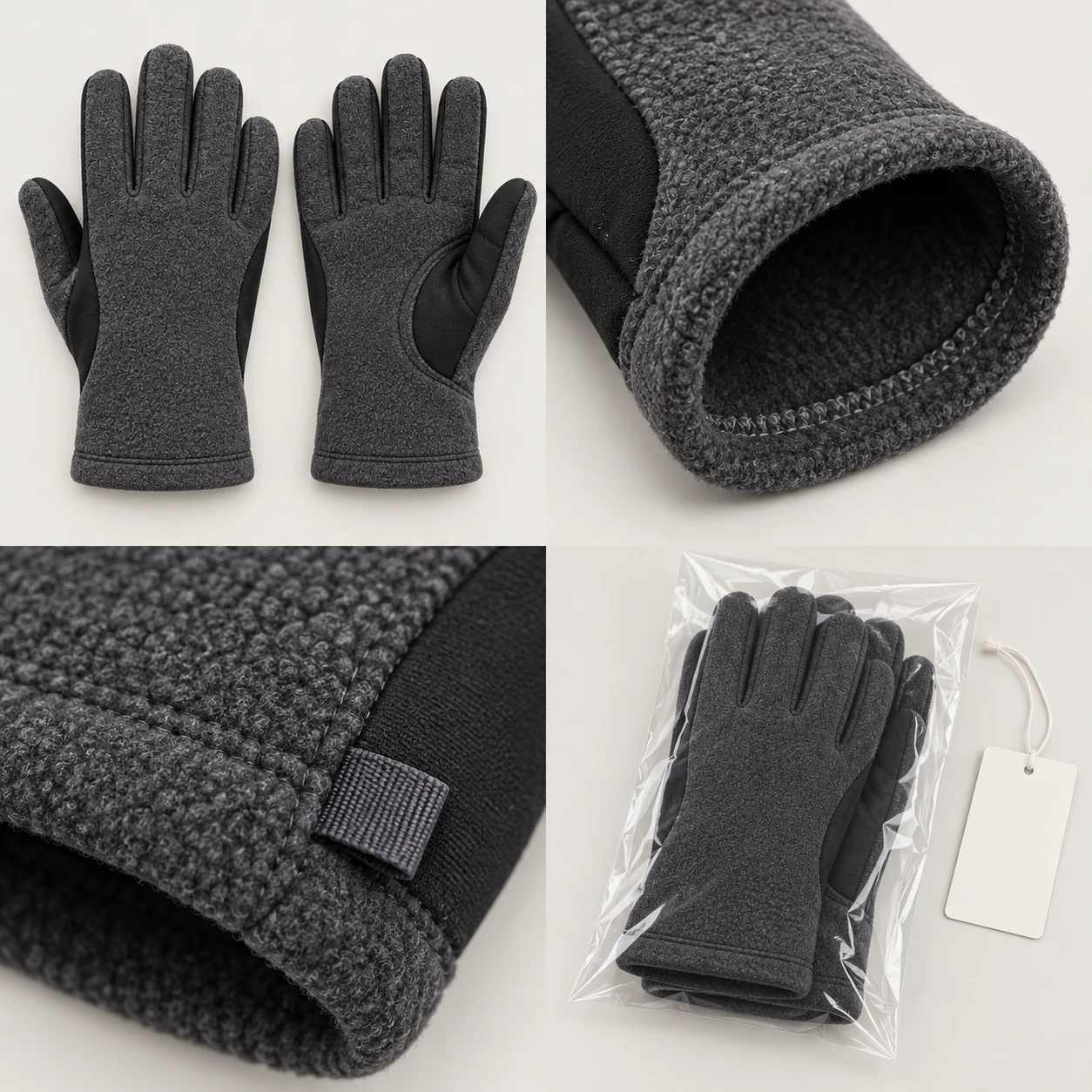 Charcoal fleece glove pair with black panels, cuff seam finish, woven side tab and clear pair packaging