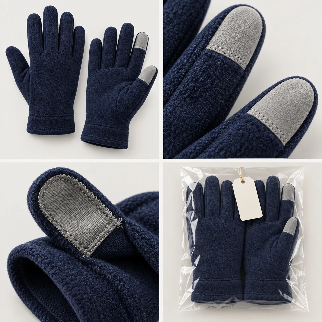 Fleece Touchpoint development views: fleece & two contact patches, patch-edge stitching, inside fingertip finish, patches visible in pack