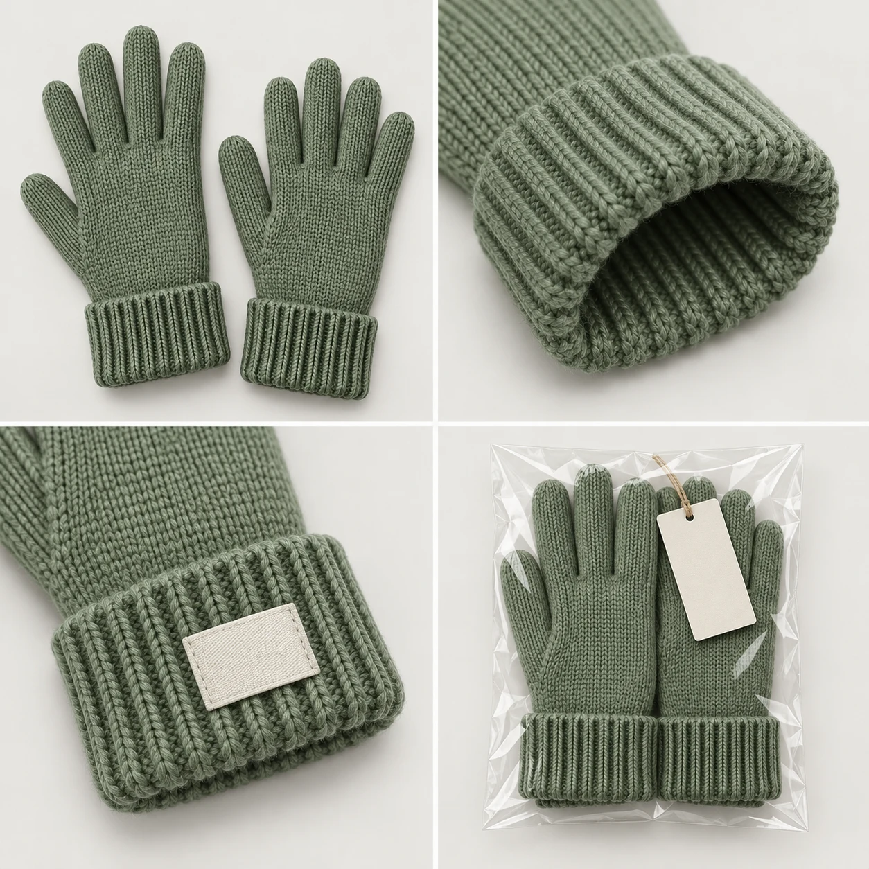 Foldover Cuff Knit development views: folded cuff pair, doubled rib & inside, outward label position, fold retained in packing