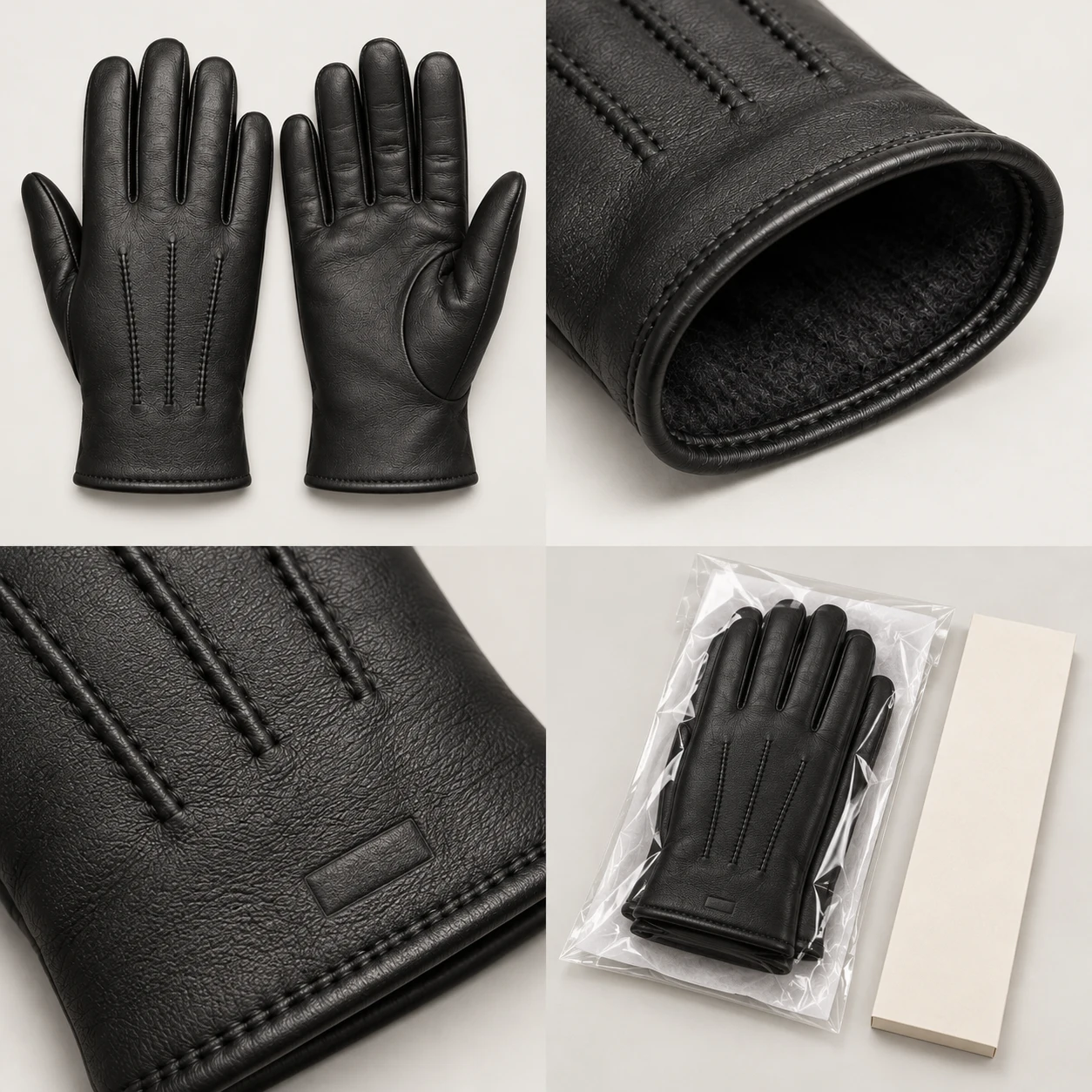 Three-point black leather glove pair, lined cuff edge, unlettered deboss placement and protective pair packaging