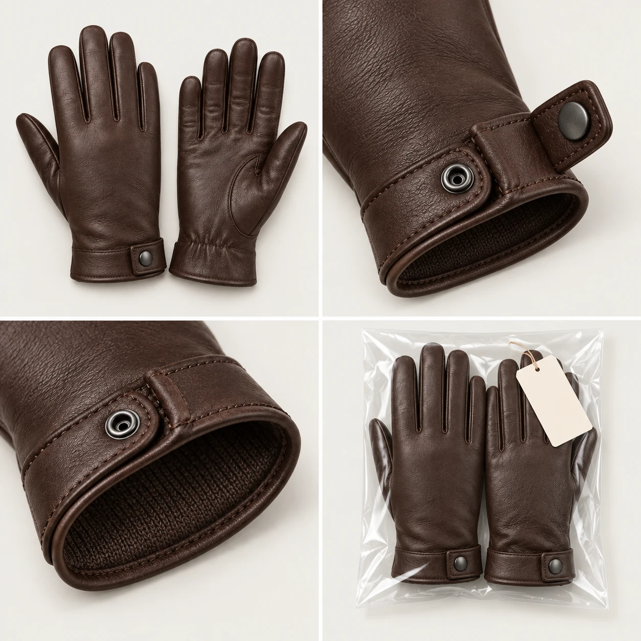 Snap Cuff Leather development views: plain back & snap tab, opened wrist closure, hardware & cuff lining, closure protected in pack